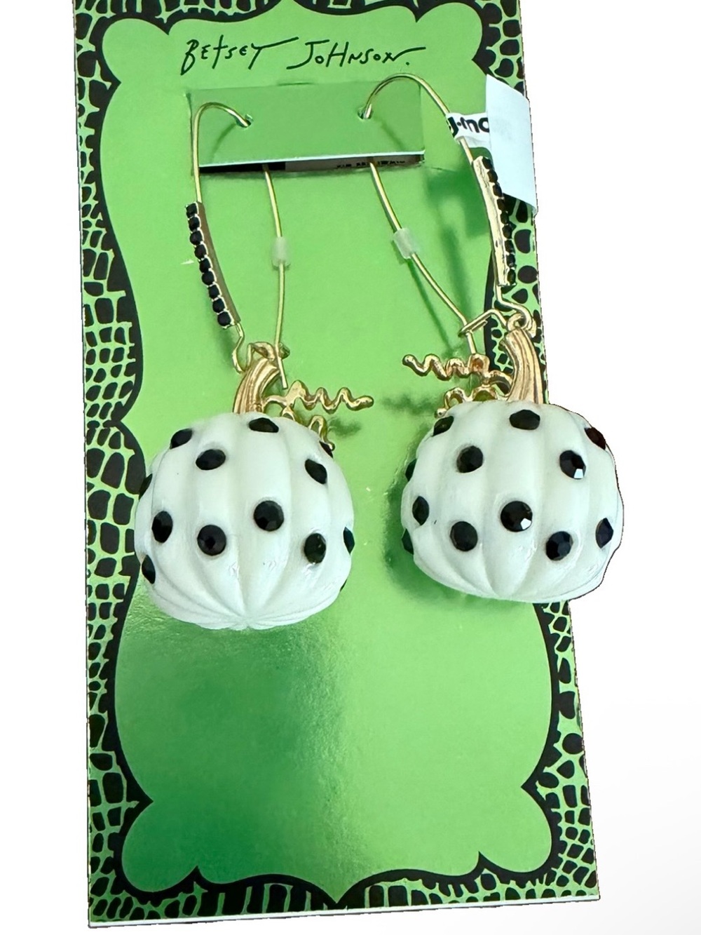 Betsey Johnson White and Black Rhinestones Polka Dot Pumpkin Drop Earrings NWT
